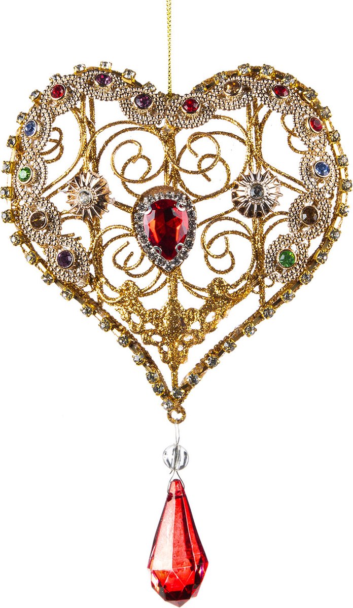 Goodwill Kerstbal Hart met Juwelen - Goud-Rood - 15 Cm