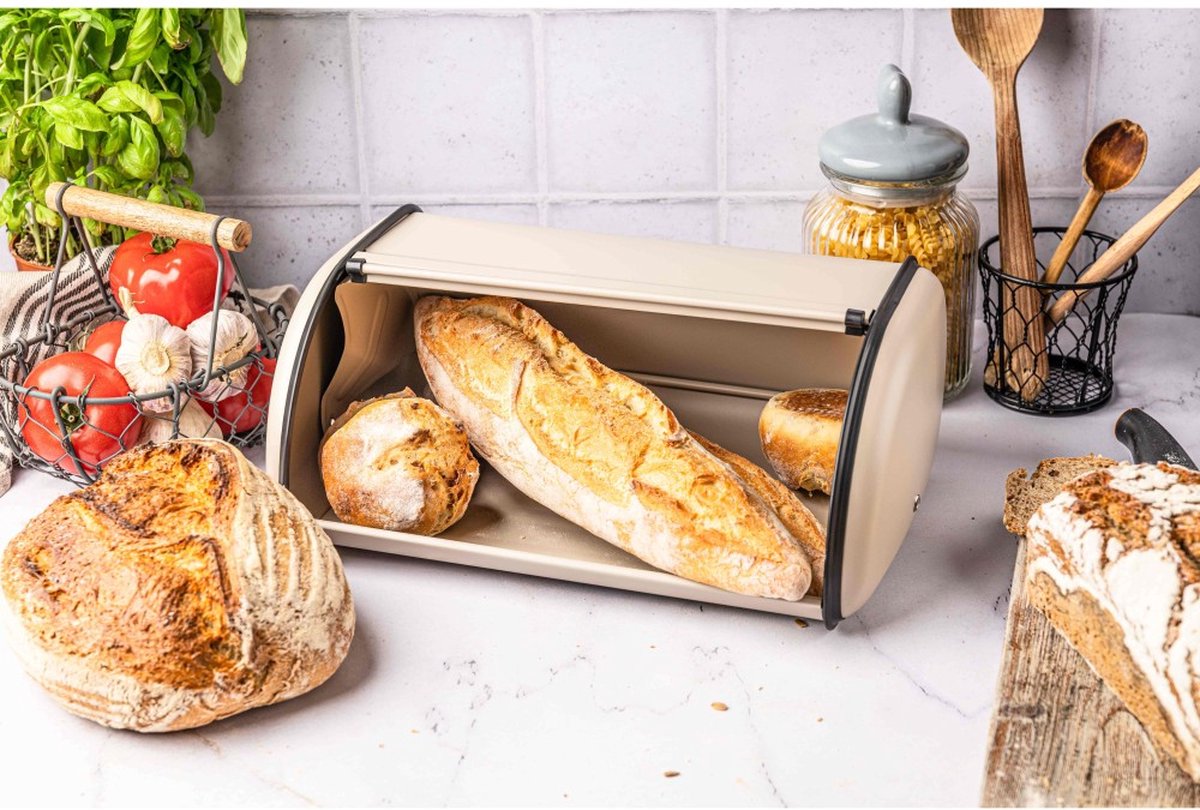 Kinghoff 1072 - broodtrommel - wit - rvs met hout - 35x20,4x21,5 cm