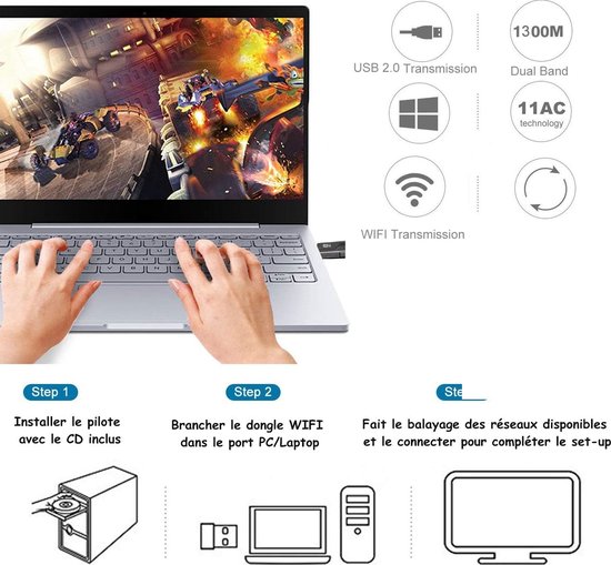 2.4G + 5G double fréquence 1300M Gigabit Carte réseau sans fil USB Mini  Portable Wifi Réseau Récepteur