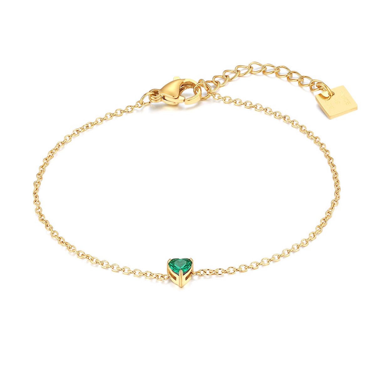 Twice As Nice Armband in goudkleurig edelstaal, hart 5 mm groen zirkonia 19cm