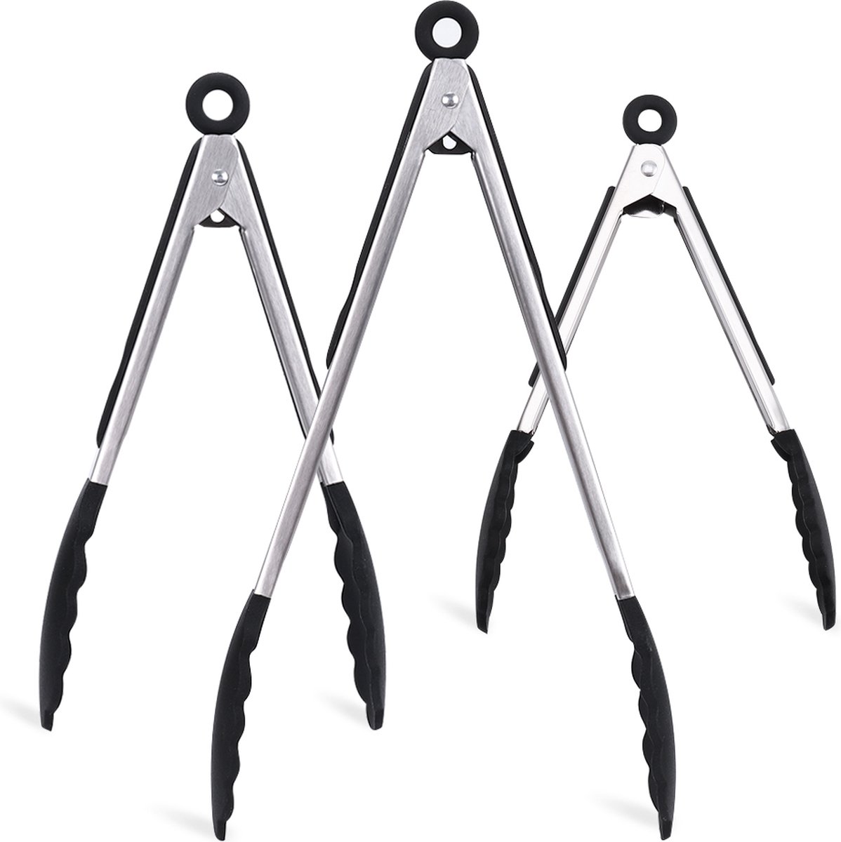 Keukentang RVS 3 Delige Set - Serveertang - BBQ Tang - Barbecue Tang - Vleestang - Vis tang - Grilltang - Saladetang - Keukentangen - BBQ Accessoires - Zwart - Met ophangoog - Keukengerei - Keukengadget - Vaatwasser bestendig - 3 Handige maten — afbeelding 2