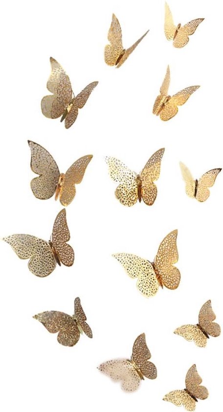 CHPN - Vlinders - Muurvlinders - Wanddecoratie - Muurdecoratie - 2D - Muurstickers - 12 stuks - Goud - Gouden vlinders - Butterfly - Gold