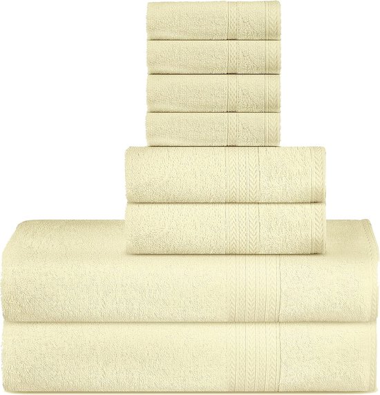 Supreme Premium 500 g/m² 8-delige handdoekenset, 100% katoen, machinewas, dubbel gestikt, sterke zoom en zeer absorberend voor badkamer, douche en dagelijks gebruik (8 stuks) (crème)