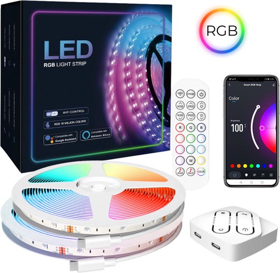 CozyStrip Basic - 10 Meter - LED Strip RGB - met Afstandsbediening - App Besturing - Led Light Strip - 30W - 2.0 A - Smart Verlichting - Licht strip