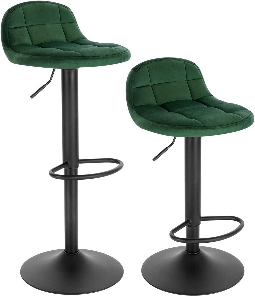 Happyment Luxe Barkruk Pluto - Industrial - Donkergroen - Barkrukken set van 2 - Barstoel Kruk - Barstoelen met rugleuning - Keukenstoel - In hoogte verstelbaar - Velvet