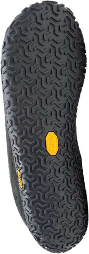 Zool van een zwarte Merrell Vapo Glove 6 LTR schoen met Vibram logo.