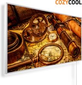 Infraroodpaneel met afbeelding | Antieke landkaart met verrekijker en kompas | 1200 Watt | Witte lijst | Infrarood verwarmingspaneel | Infrarood paneel | Infrarood verwarming