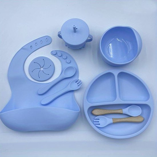 Vaisselle Bébé en silicone, 9 pcs - Bleu clair - Set Bébé - Assiette -  Bavoir -... | bol.com