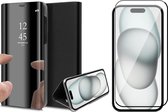 Hoesje geschikt voor iPhone 15 Plus - Screen Protector FullGuard - Book Case Spiegel Zwart & Screenprotector