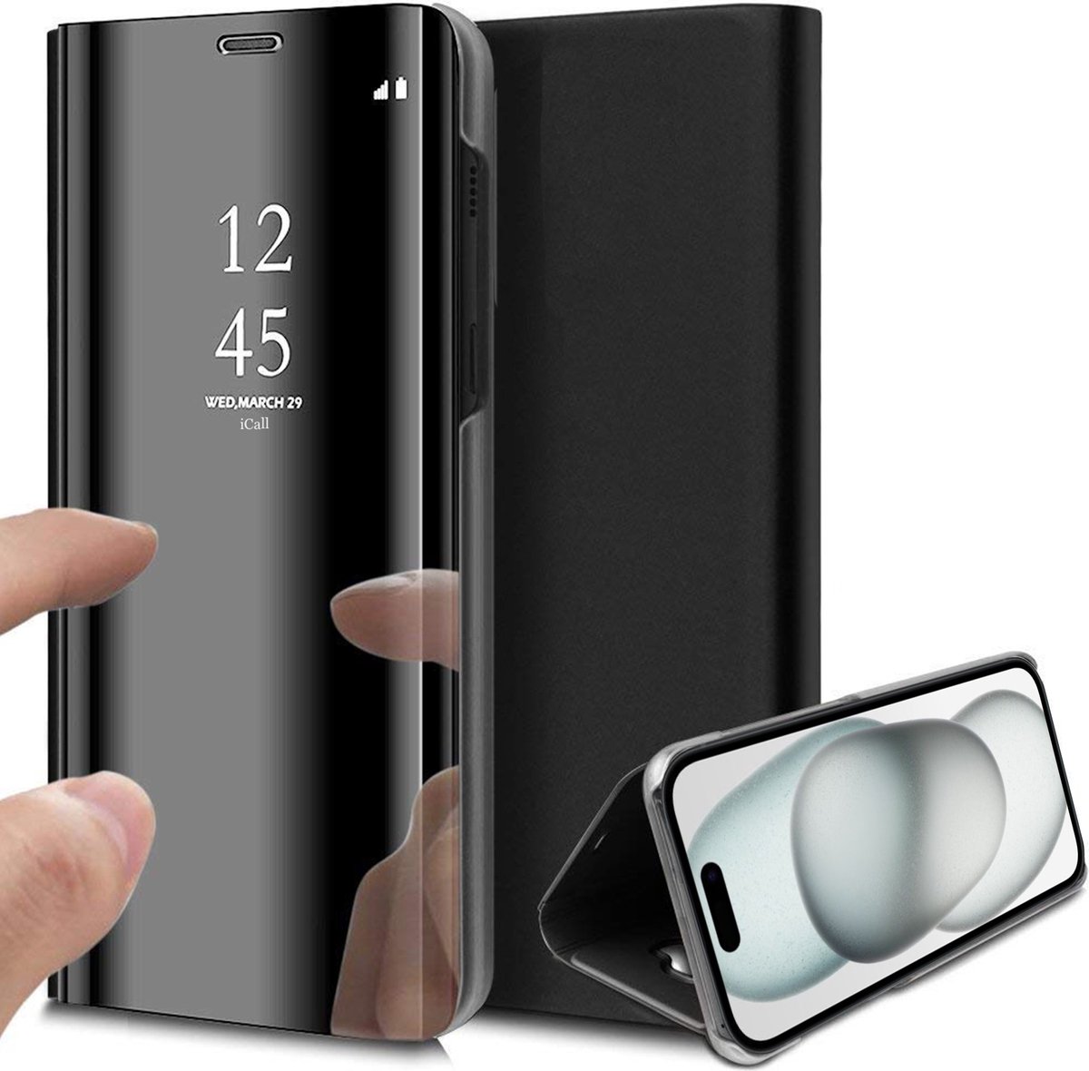 Hoesje geschikt voor iPhone 15 - Book Case Spiegel Zwart