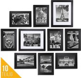Set van 10 fotolijsten in verschillende afmetingen, [18x13] zwarte fotolijstcollage [28x18] - Hoogwaardige fotolijst van hout - portret- of landschapformaat - staand/hangend