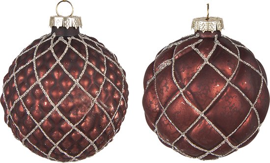 HAES DECO - Kerstballen Set van 2 - Formaat (2) Ø 8x8 cm - Kleur Rood - Materiaal Glas - Kerstversiering, Kerstdecoratie, Decoratie Hanger, Kerstboomversiering