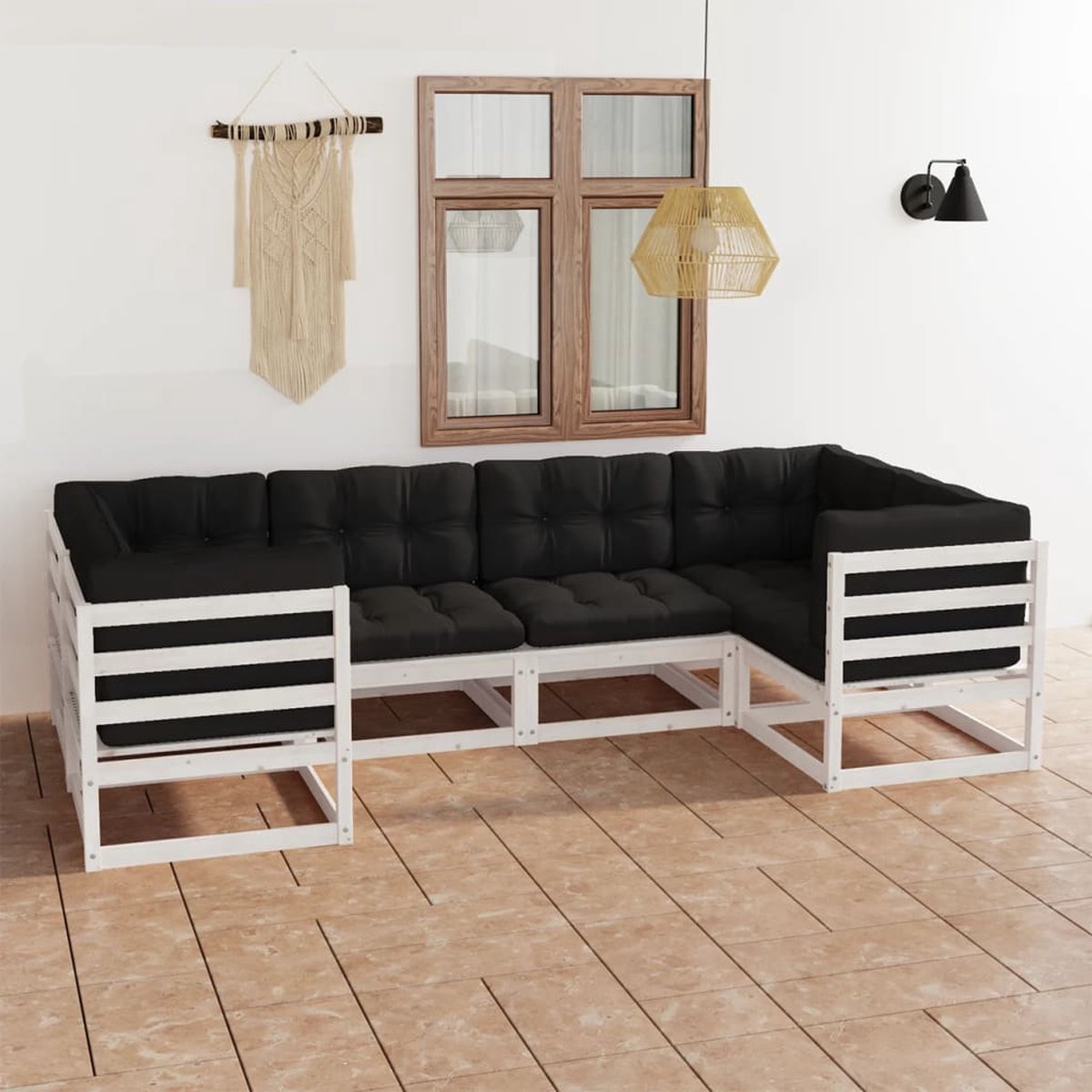 The Living Store 6-delige Loungeset met kussens massief grenenhout wit - Tuin Lounge Set - Houten Loungestoel - Grenenhout Lounge Set - Outdoor Furniture - Buitenshuis Relaxen