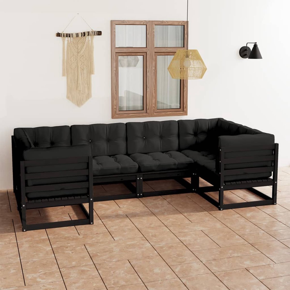 The Living Store 6-delige Loungeset met kussens massief grenenhout zwart - Tuinstoel - Lounge Set - Houten Tuinstoelen - Grenenhout - Loungestoel Zwarte loungeset van massief grenenhout met kussens - Tuinstoel - Lounge Set