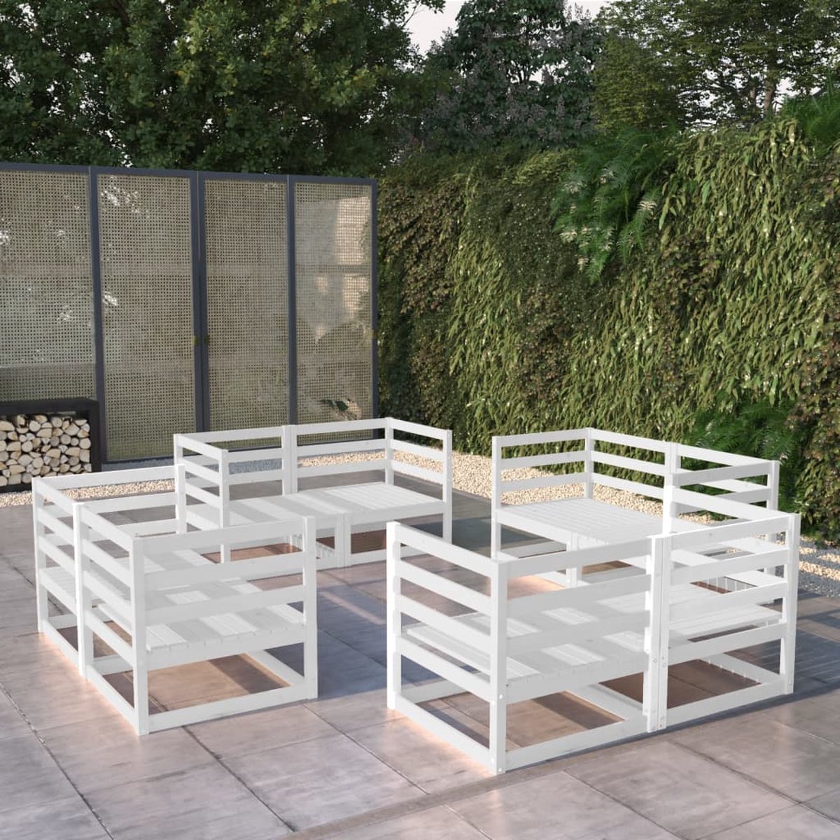 Hoekbank van massief grenenhout in witte kleur voor tuinset.