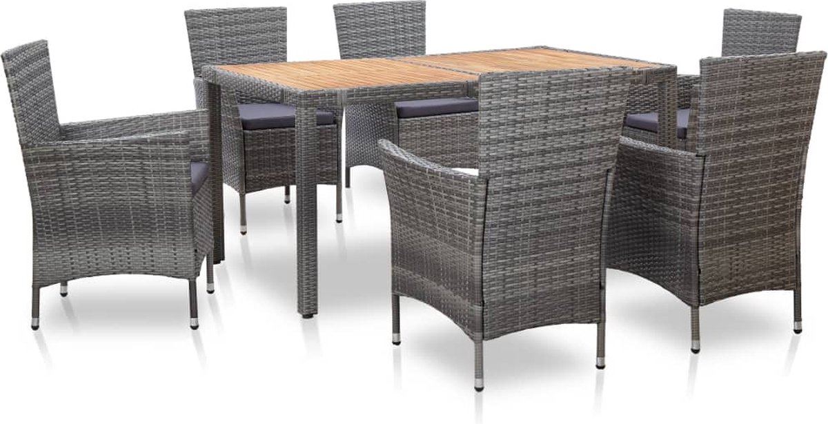 The Living Store 7-delige Tuinset met kussens poly rattan grijs - Tuinbank - Eetkamerstoel - Buitentijd - Lounge Set - Terrassen Meubilair