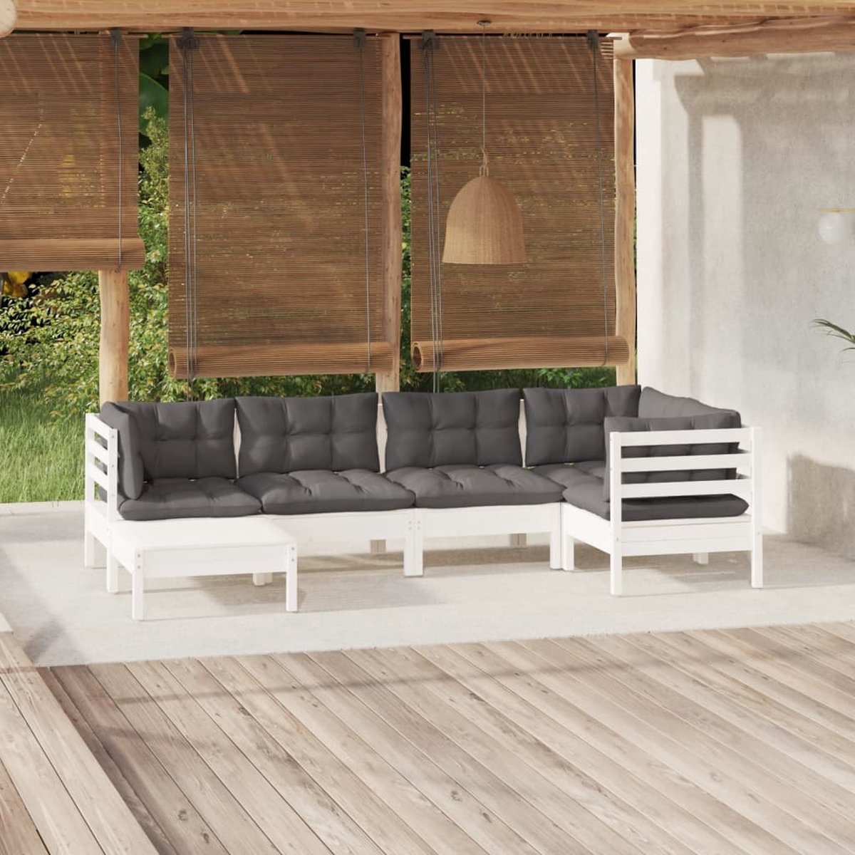 The Living Store 6-delige Loungeset met kussens massief grenenhout wit - Loungeset - Tuinset - Tuinmeubel - Hout Meubel - Grenenhout