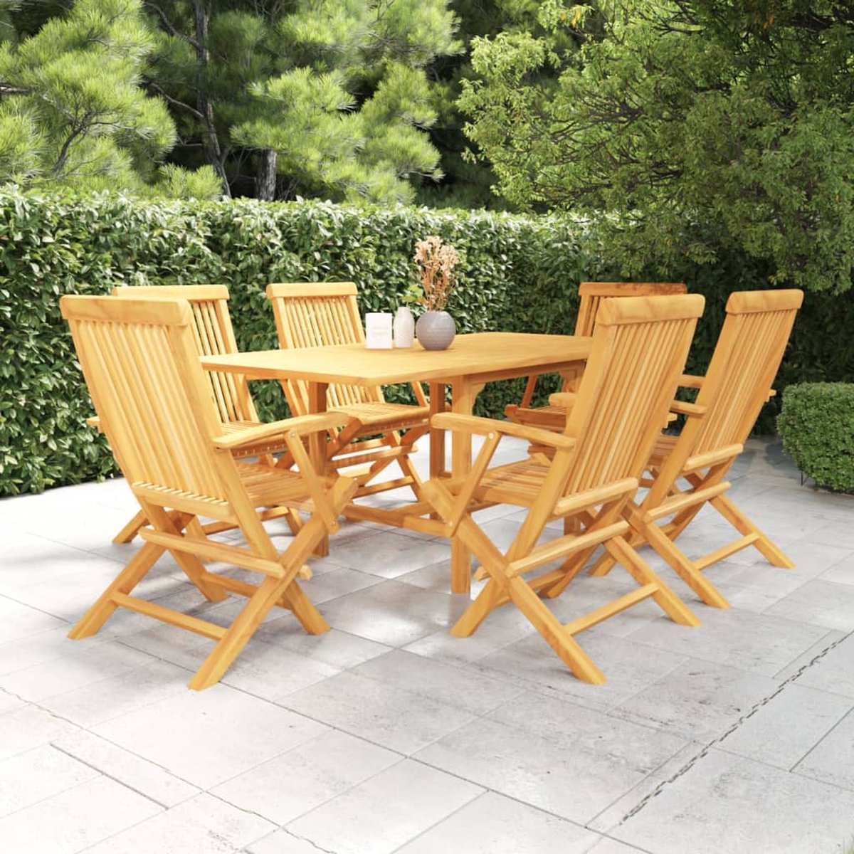 Massief teakhouten tuinset met eetkamerstoelen en buitentafel - The Living Store.