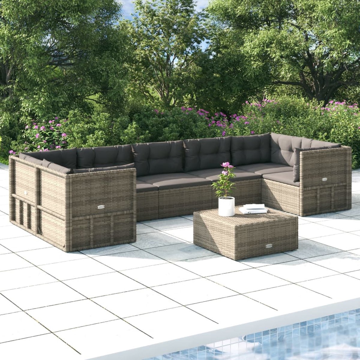 The Living Store 7-delige Loungeset met kussens poly rattan grijs - Loungeset - Tuinset - Lounge Bank - Hoeksofa - Buitendrank
