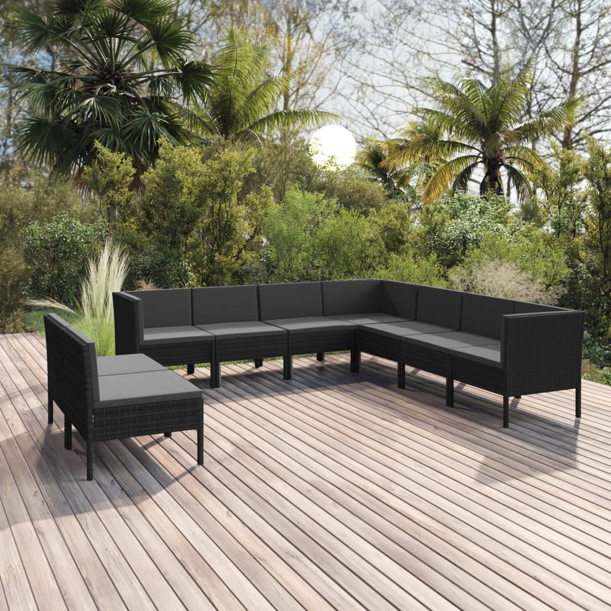 The Living Store 9-delige Loungeset met kussens poly rattan zwart - Loungebank - Tuinset - Tuinmeubels - Loungeset - Buitendining