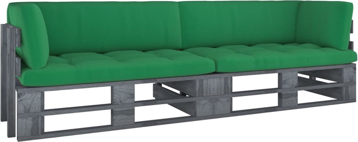 Grijze pallet hoekbank met kussens van geïmpregneerd grenenhout, ideaal voor buiten loungen - The Living Store.