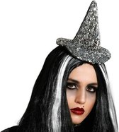Halloween heksenhoed - mini hoedje op diadeem - one size - zilver glitter - meisjes/dames