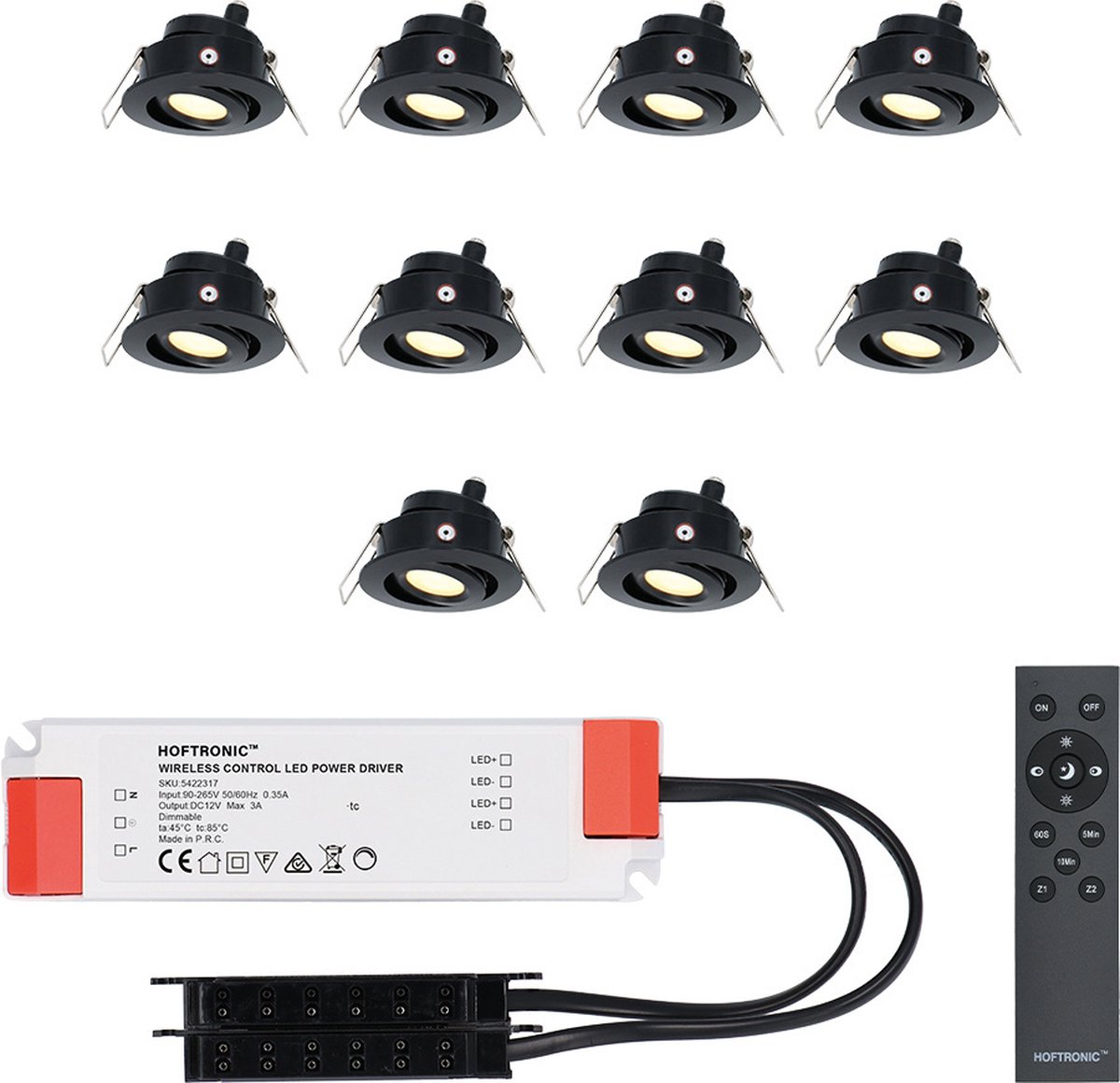 Set van 10 HOFTRONIC Sienna - LED Inbouwspot voor veranda, overkapping en badkamer - Zwart - 12 volt - Incl. afstandsbediening - Dimbaar en kantelbaar - 3 Watt 200 lumen - Zaagmaat: Ø 44 mm - extra plat 30mm - 2700K Warm wit - IP44 waterdicht