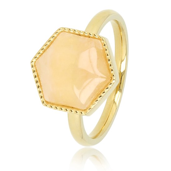 My Bendel - Goudkleurige ring met grote zeshoek Rose Quartz edelsteen - Bijzondere goudkleurige ring gevormd in een zeshoek met Rose Quartz edelsteen - Met luxe cadeauverpakking