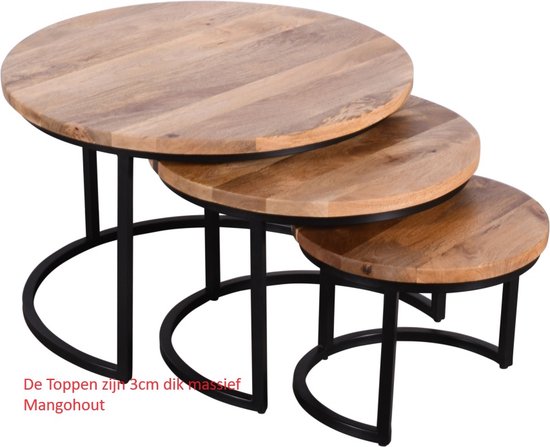 Koloniaal Teakhuis Salontafel - Set 3 delig - Mangohout Naturel - Metalen Frame