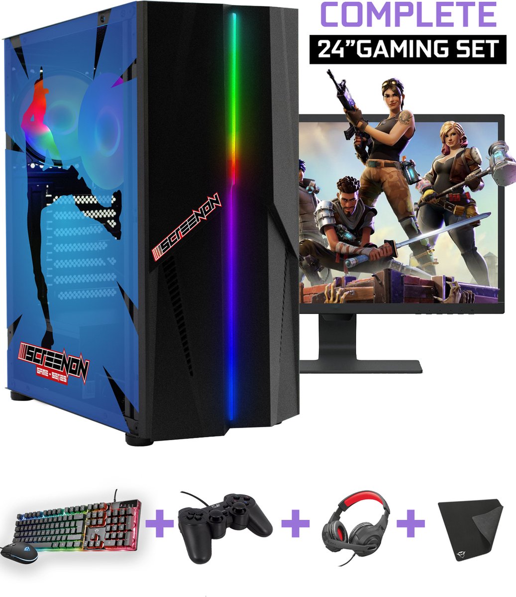 ScreenON - Complete Fortnite Gaming PC Set - X21899 - V1 ( Game PC X21899 + 24 Inch Monitor + Toetsenbord + Muis + Controller )