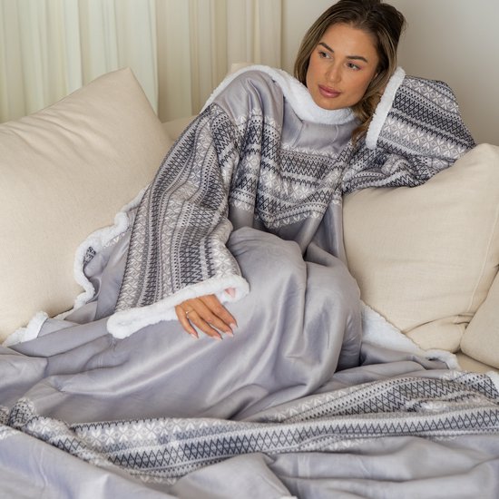 Snuggie - Couverture à manches - Snuggle - Blanket à capuche - Snug Rug douillet - Polaire - Sherpa - TV - Femme et homme - Imprimé - Adultes - 180 x 130 cm - Grijs