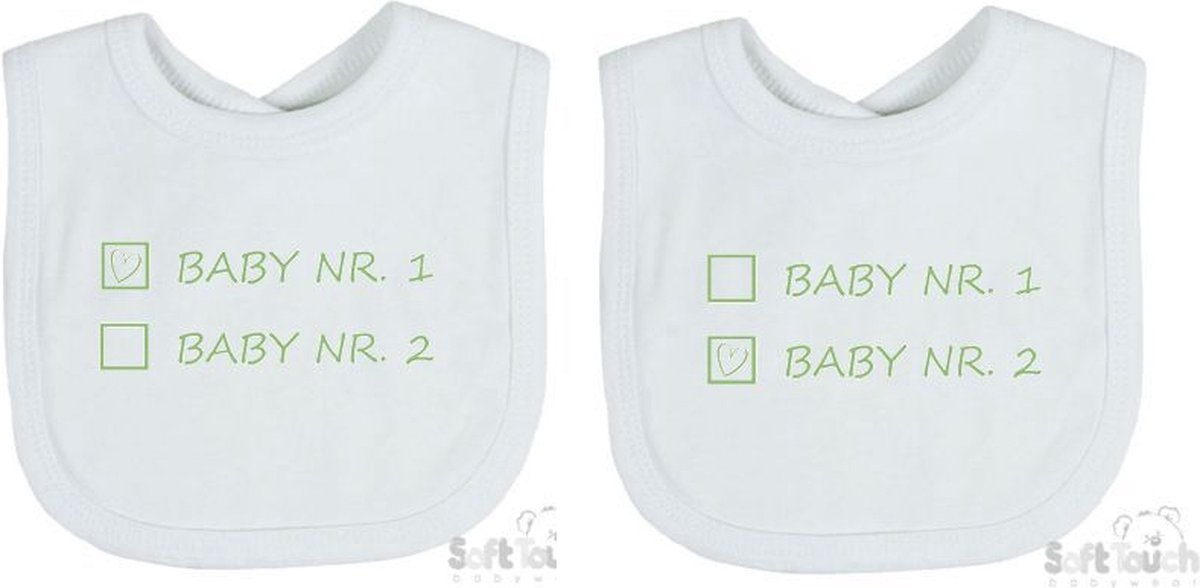 Goedkoopste Soft Touch 2-pack Slabber Slabbetje Slab Baby nr. 1 & Baby nr. 2 Unisex Tweeling Katoen Wit/sage green (saliegroen) Maat 33x22 Cm
