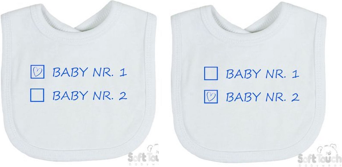 Goedkoopste Soft Touch 2-pack Slabber Slabbetje Slab Baby nr. 1 & Baby nr. 2 Unisex Tweeling Katoen Wit/blauw Maat 33x22 Cm
