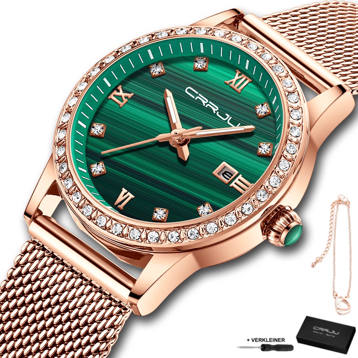 CRRJU® - Horloge Dames - Cadeau voor Vrouw - 35 mm - Rosé Groen