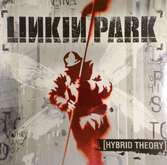 Albumcover met Linkin Park logo, een figuur met een vlag en insectenvleugels. Inclusief de tekst "Hybrid Theory".