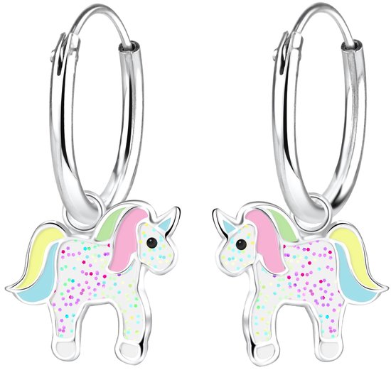 Joy|S - Zilveren eenhoorn bedel oorbellen - glitter - unicorn oorringen