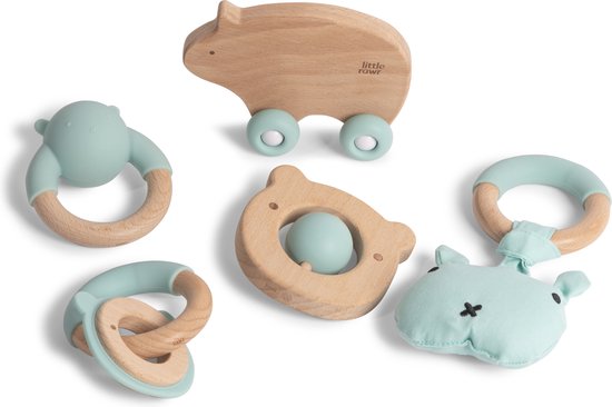 Silibaby – Bijtringen voor Baby's – Houten Speelgoed met Silicone – Bijtspeelgoed - Set van 5 - Blauw