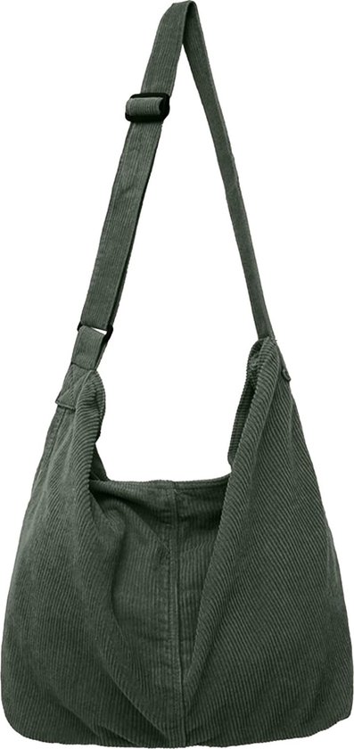 Uniseks corduroy tas, schoudertas, grote shopper, modieuze stoffen tas voor dagelijks gebruik, kantoor, school, reizen, groen, Retro