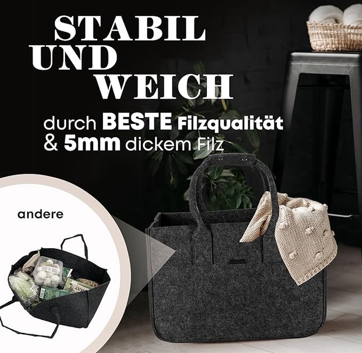 Sac pour bois de chauffage en feutre gris foncé 50x35x27cm – Kaminladen