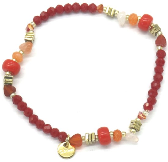 Armband Dames - Glaskralen en RVS - Elastisch - Rood