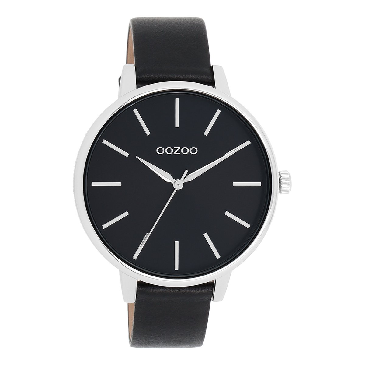 OOZOO Timepieces - Zilverkleurige OOZOO horloge met zwarte leren band - C11293