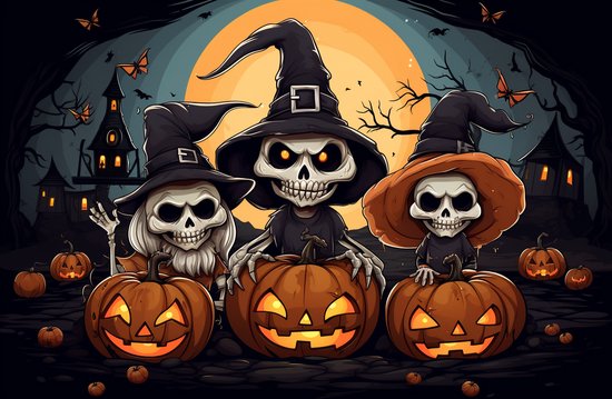 Halloween Poster | Skeletten Poster | Pompoenen | Halloween Decoratie | Halloween Versiering | Sint Maarten | Horror Poster | 91x61cm | Geschikt om in te lijsten