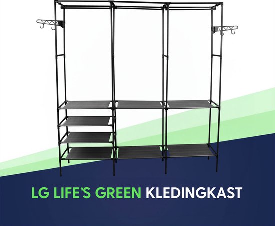 LG Life's Green Opvouwbare Kleerkast – Kledingrek met 8 Legplanken en Ophangstang – Met 4 ophanghaken – Stoffen Kledingkast – 160x36x170CM – Wit
