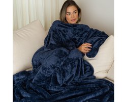 Fleece Deken met Mouwen - Plaid met Mouwen - Hoodie Deken - Deken met Mouwen - Snuggle Hoodie - Hoodie Blanket - Hoodie - Huggle Hoodie - TV Deken - Dames en Heren - Volwassenen - 180 x 130 cm - Blauw - Kerstcadeau - Voor Noodpakket - Snuggie Moment