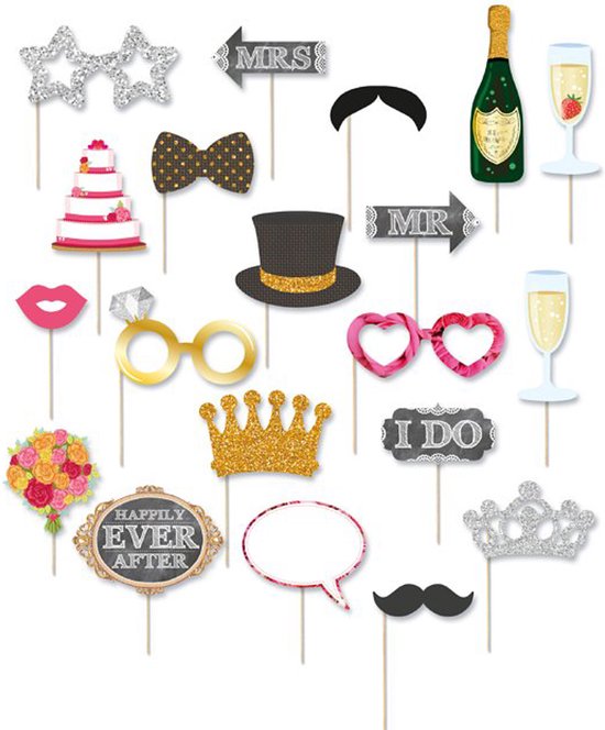 Foto: Henbrandt bruiloft foto prop set 40x stuks glitter trouwen trouwerij photo booth accessoires