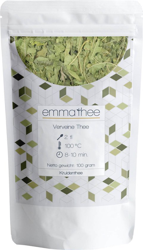 Emma thee Verveine thee, 100 gram zak met gedroogde kruiden en geometrisch patroon.