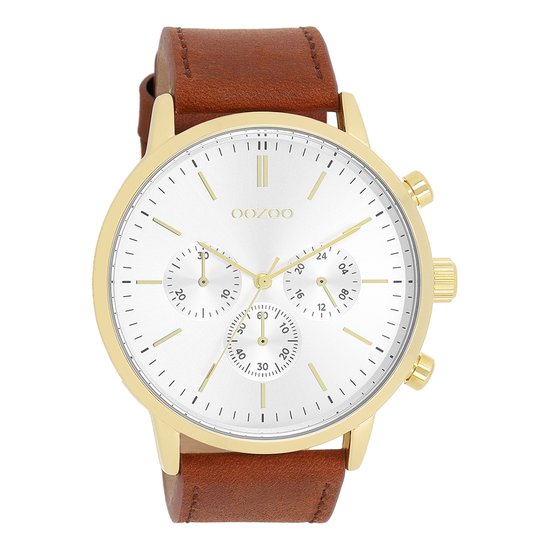 OOZOO Timepieces - Goudkleurige OOZOO horloge met bruine leren band - C11201