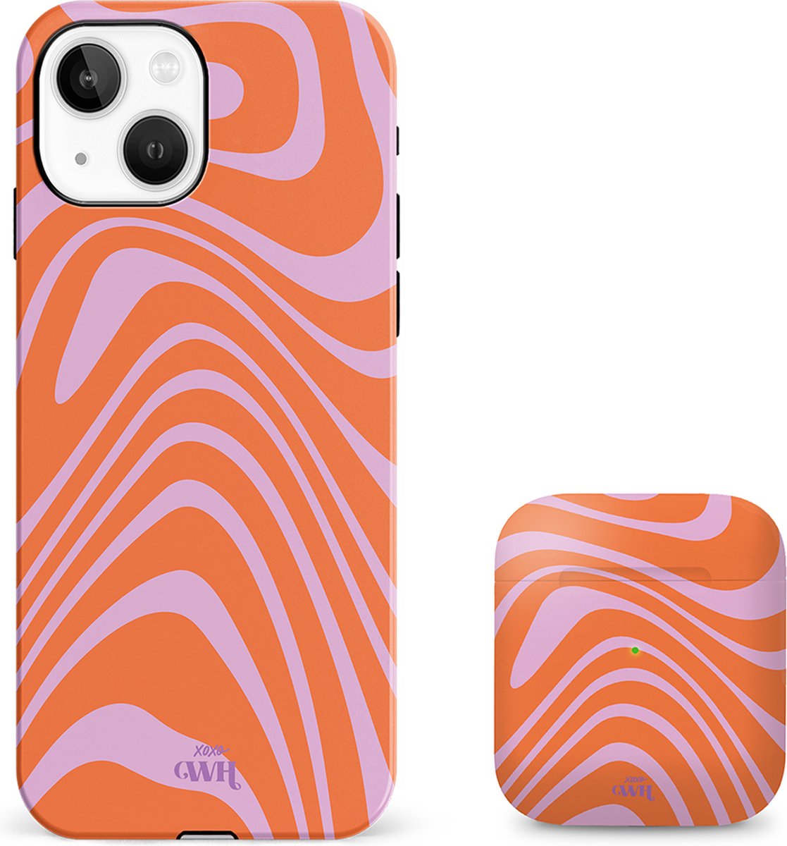 xoxo Wildhearts siliconen hoesje + AirPods 1/2 hoesje - Geschikt voor iPhone 13 en AirPods 1 en 2 - Boogie Wonderland Orange - Double Layer telefoonhoesje - Oranje - Roze - Hoesje met print