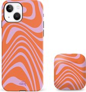 xoxo Wildhearts siliconen hoesje + AirPods 1/2 hoesje - Geschikt voor iPhone 13 en AirPods 1 en 2 - Boogie Wonderland Orange - Double Layer telefoonhoesje - Oranje - Roze - Hoesje met print