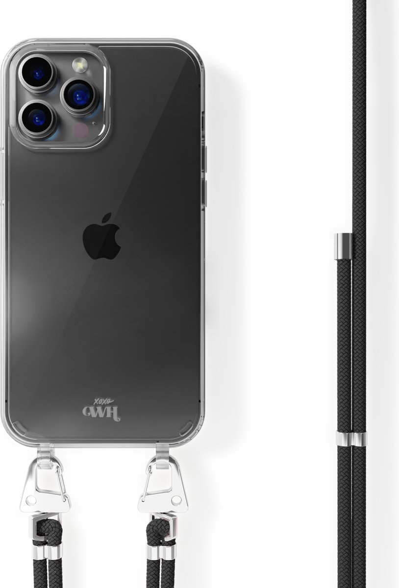 xoxo Wildhearts siliconen hoesje - Geschikt voor iPhone 14 Pro Max - Telefoonhoesje - Hoesje met koord - telefoonkoord - Transparant hoesje - Zwarte koord